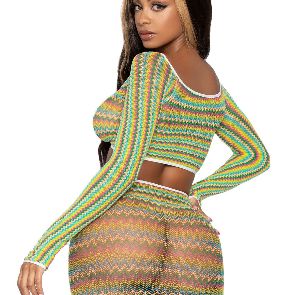 2 Pc Zig Zag Net Crop Top and Mini Dress - One  Size - Green Leg Avenue