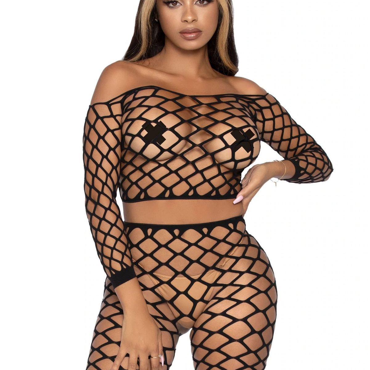 2 Pc Net Crop Top and Bike Shorts - One Size -  Black Leg Avenue