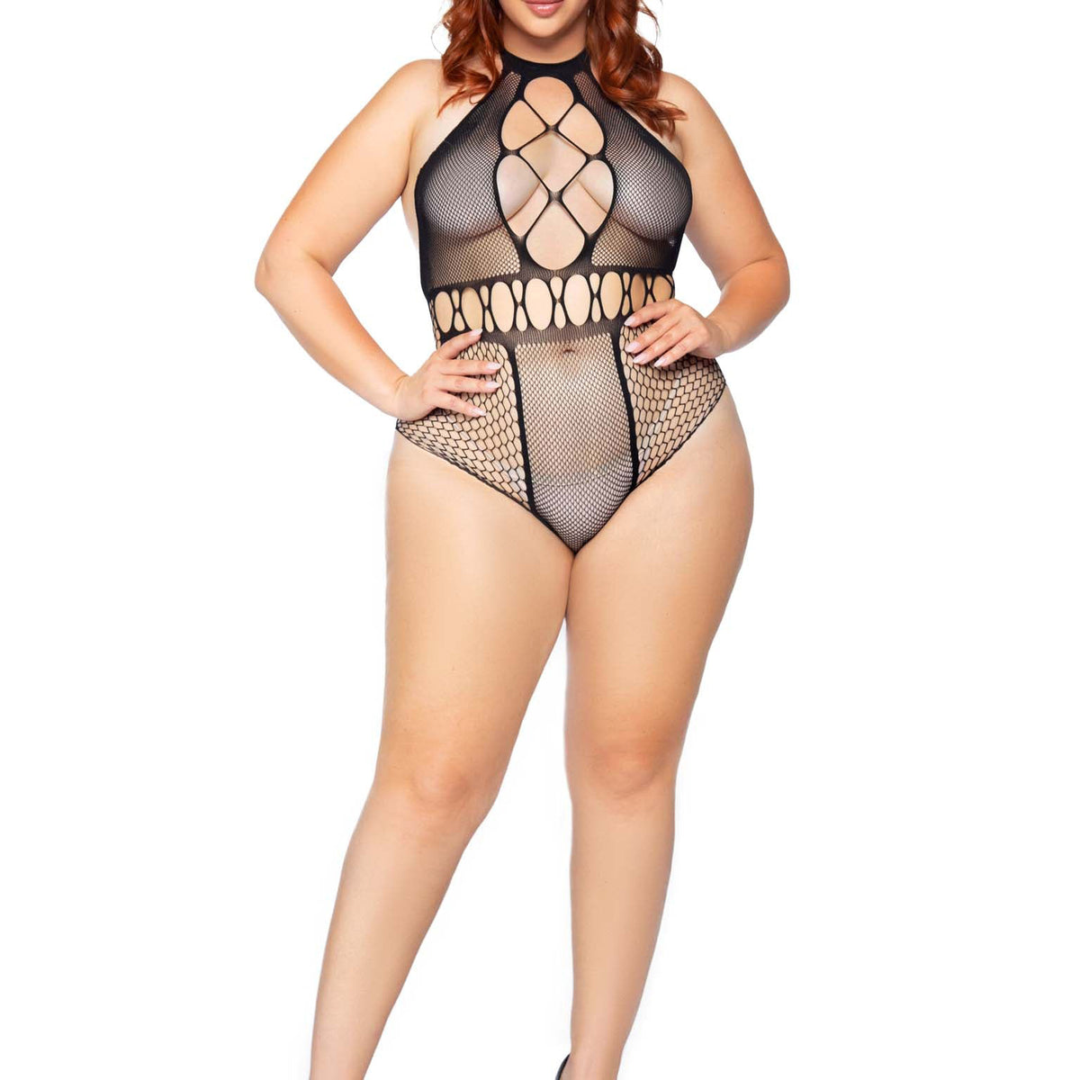 Multi Net Halter Bodysuit - 1x/2x - Black Leg Avenue