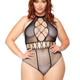 Multi Net Halter Bodysuit - 1x/2x - Black Leg Avenue