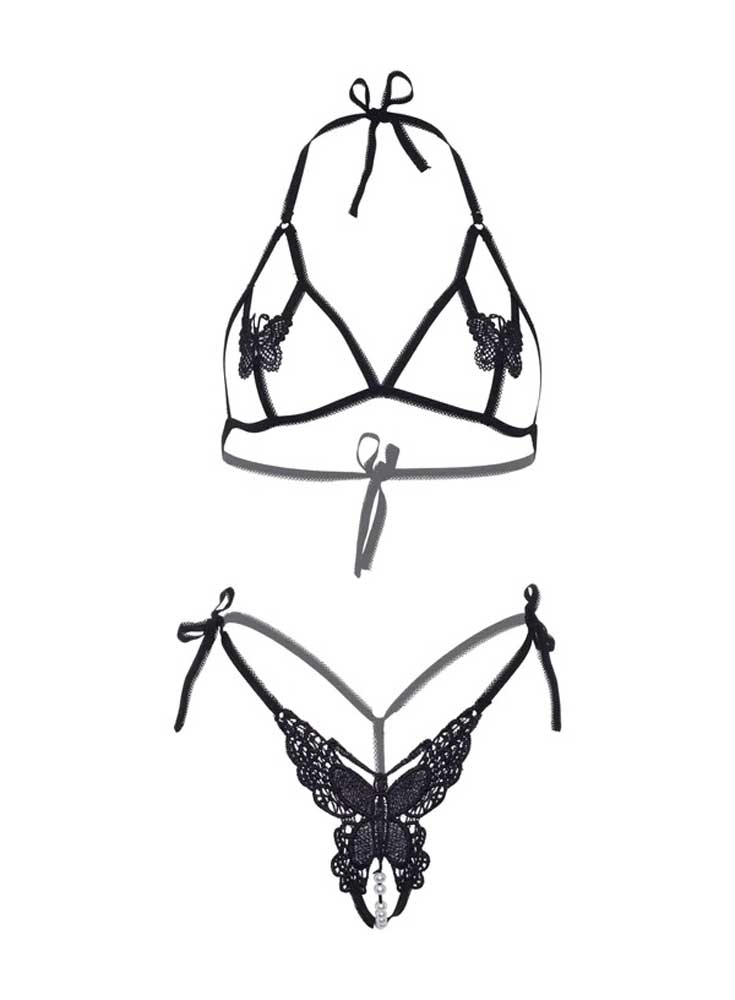 Butterfly Bra and Panty Set - One Size - Black Leg Avenue