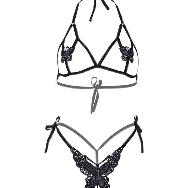 Butterfly Bra and Panty Set - One Size - Black Leg Avenue