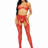 3 Pc Rhinestone Bra Top, G-String, and Garter Belt Stockings - One Size - Red Leg Avenue