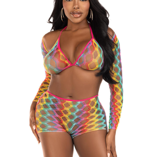 3 Pc Net Bra Top With Shrug and Boy Shorts - One  Size - Multicolor Leg Avenue