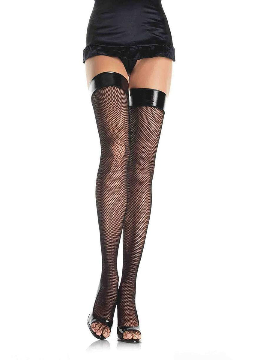 Vinyl Top Fishnet Thigh Highs - One Size - Black Leg Avenue