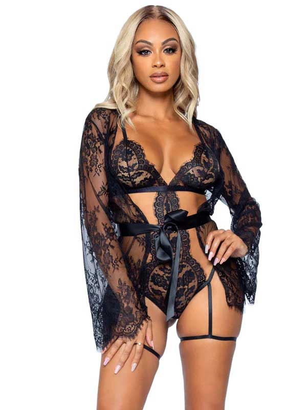 All Romance Lace Teddy and Robe Set - Large -  Black Leg Avenue