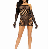 2 Pc Hardcore Net Tube Dress With Gloves - One  Size - Black Leg Avenue