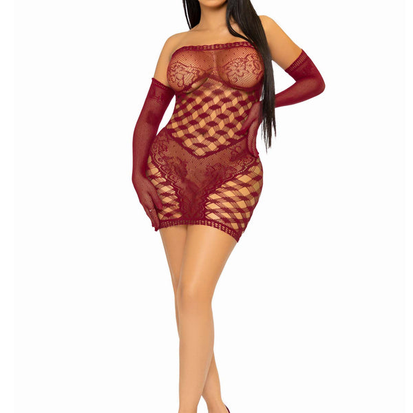 2 Pc Hardcore Net Tube Dress With Gloves - One Size - Burgundy Leg Avenue