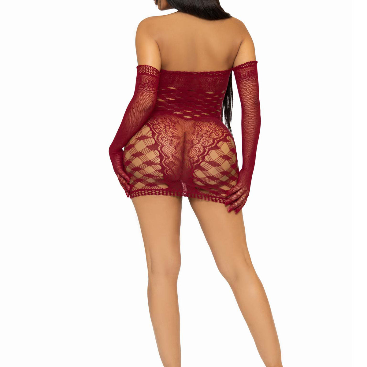 2 Pc Hardcore Net Tube Dress With Gloves - One Size - Burgundy Leg Avenue