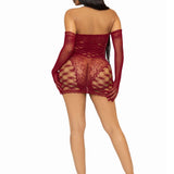 2 Pc Hardcore Net Tube Dress With Gloves - One Size - Burgundy Leg Avenue