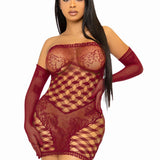 2 Pc Hardcore Net Tube Dress With Gloves - One Size - Burgundy Leg Avenue