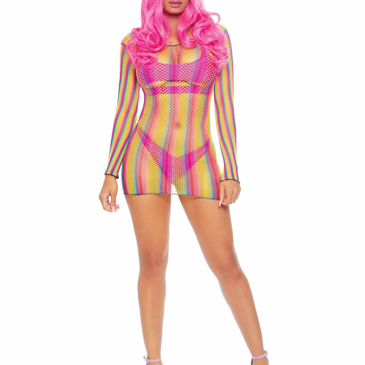 Rainbow Fishnet Long Sleeved Mini Dress - One Size - Rainbow Leg Avenue