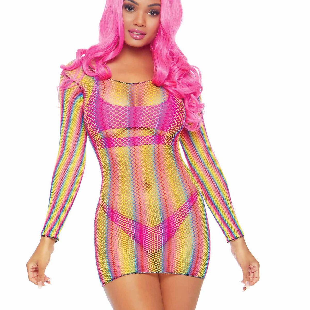 Rainbow Fishnet Long Sleeved Mini Dress - One Size - Rainbow Leg Avenue