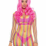 Rainbow Fishnet Long Sleeved Mini Dress - One Size - Rainbow Leg Avenue