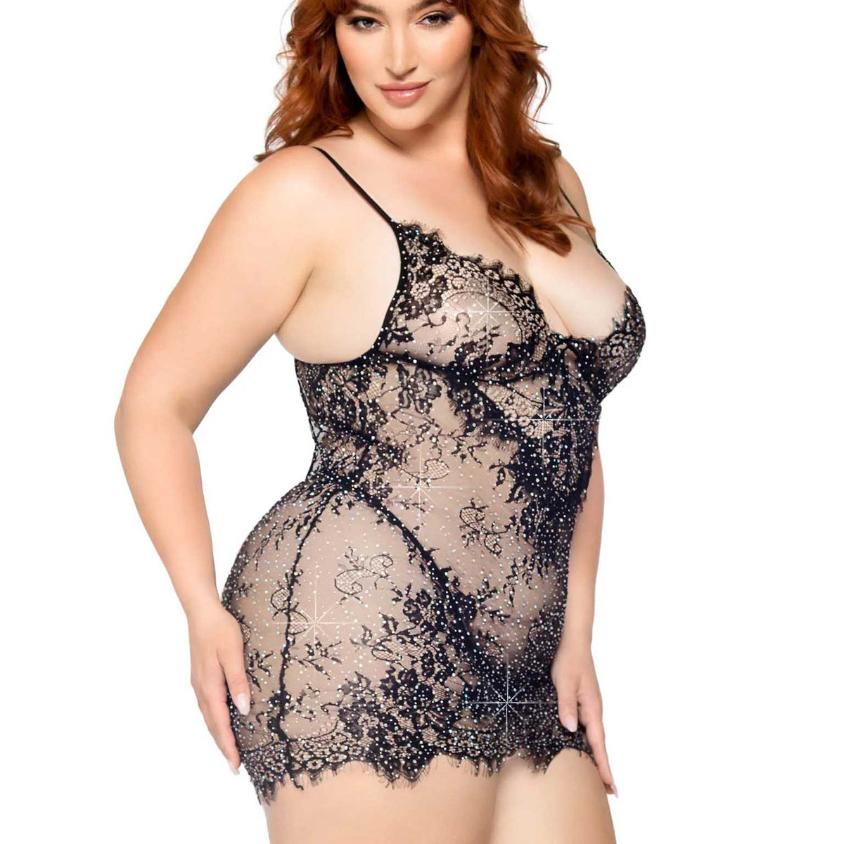 2 Pc Rhinestone Lace Dress and G-String - 1x/2x -  Black Leg Avenue