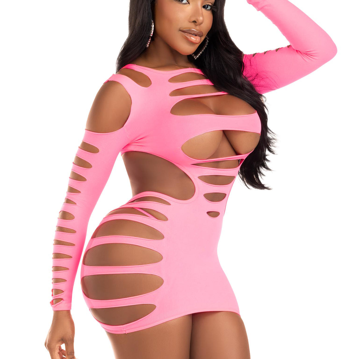 Opaque Shredded Cut Out Mini Dress - One Size - Neon Pink Leg Avenue