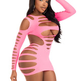 Opaque Shredded Cut Out Mini Dress - One Size - Neon Pink Leg Avenue