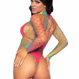 High Neck Fence Net Long Sleeve Bodysuit With Snap Crotch Thong Panty - One Size - Rainbow Leg Avenue