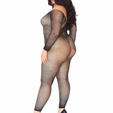 Crystalized Seamless Fishnet Long Sleeved  Bodystocking - 1x/2x - Black Leg Avenue