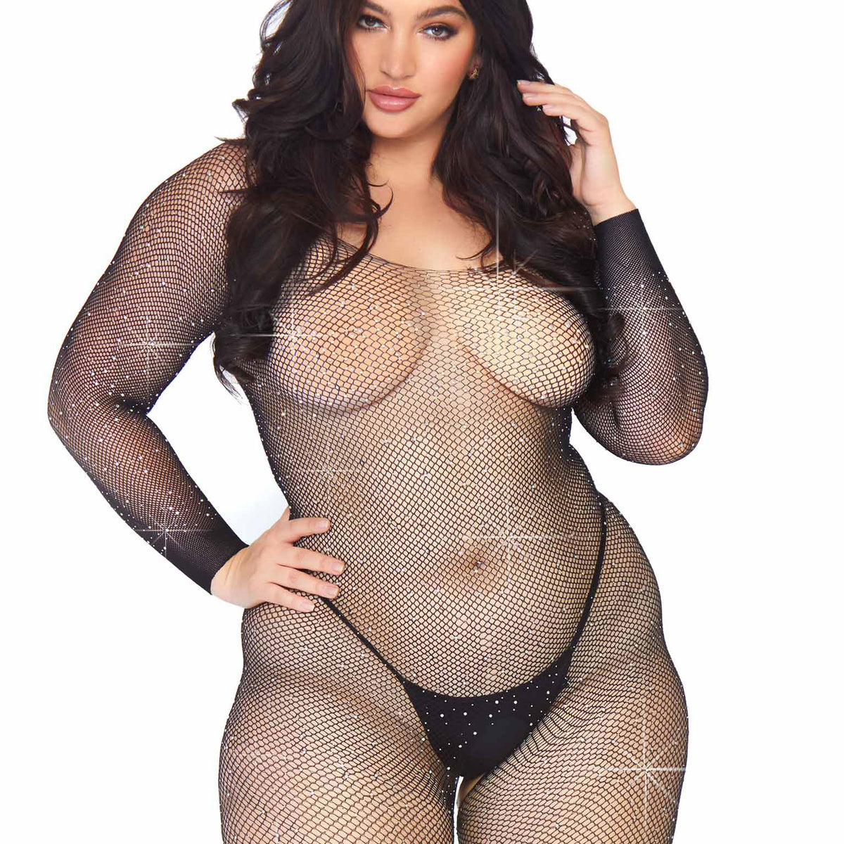 Crystalized Seamless Fishnet Long Sleeved  Bodystocking - 1x/2x - Black Leg Avenue