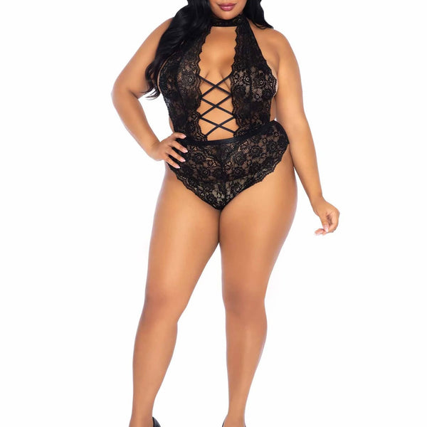 Floral Lace Crotchless Teddy - 1x/2x - Black Leg Avenue