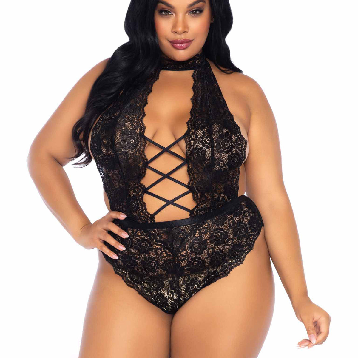 Floral Lace Crotchless Teddy - 1x/2x - Black Leg Avenue