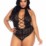 Floral Lace Crotchless Teddy - 1x/2x - Black Leg Avenue