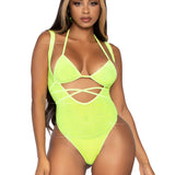 2 Pc. Rhinestone Wrap Around Bikini Top and Suspender Body Suit - One Size - Neon Yellow Leg Avenue