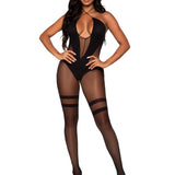 Opaque and Sheer Twist Halter Bodystocking  - One Size - Black Leg Avenue