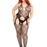 Seamless Heart Net Suspender Bodystocking - 1x/2x  - Black Leg Avenue