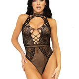 Net and Lace Keyhole Halter Bodysuit - One Size -  Black Leg Avenue