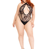 Lace and Net Keyhole Crossover Halter Teddy - 1x/2x - Black Leg Avenue