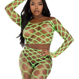 2 Pc Net Crop Top and Footless Tights - One Size - Neon Green Leg Avenue