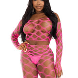 2 Pc Net Crop Top and Footless Tights - One Size - Neon Pink Leg Avenue