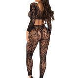 2 Pc Lace Crop Top and Footless Tights - One Size - Black Leg Avenue