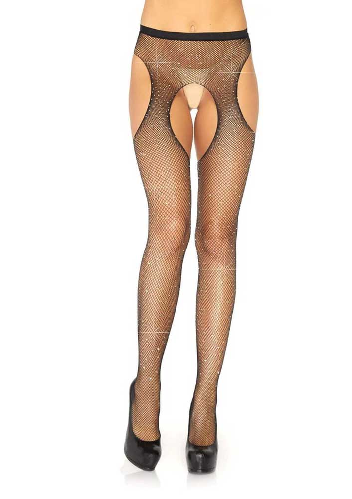 Casey Rhinestone Fishnet Suspender Pantyhose - One Size - Black Leg Avenue