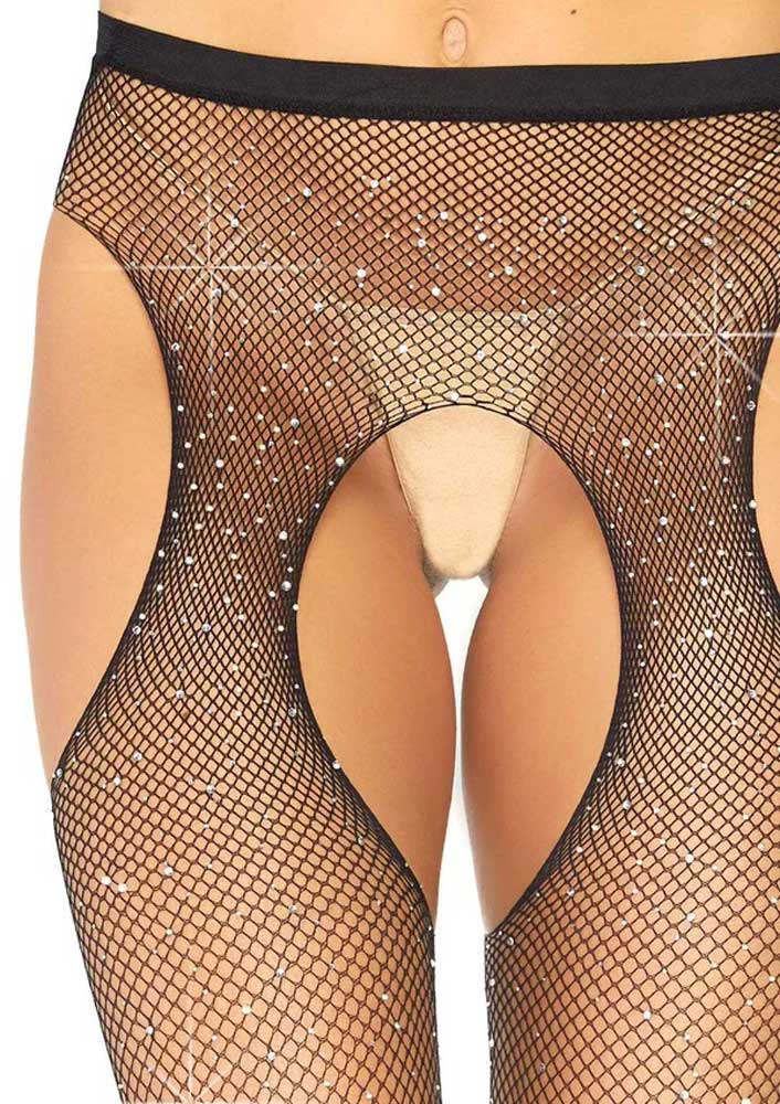 Casey Rhinestone Fishnet Suspender Pantyhose - One Size - Black Leg Avenue