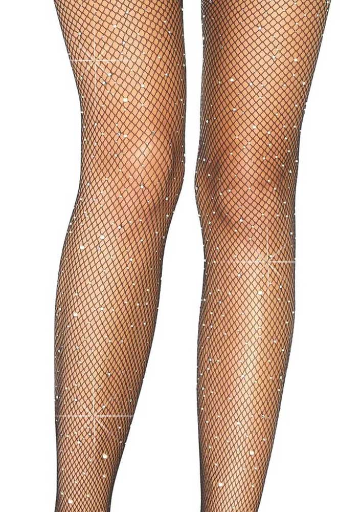 Casey Rhinestone Fishnet Suspender Pantyhose - One Size - Black Leg Avenue