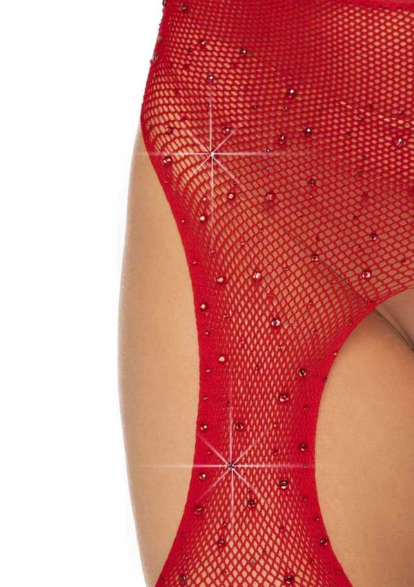 Casey Rhinestone Fishnet Suspender Pantyhose - One Size - Red Leg Avenue