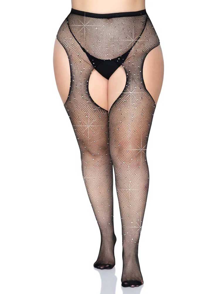 Casey Rhinestone Fishnet Suspender Pantyhose - Queen - Black Leg Avenue