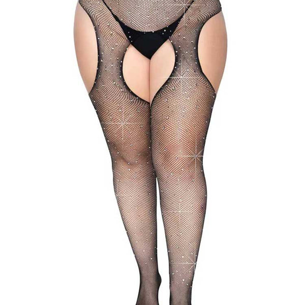 Casey Rhinestone Fishnet Suspender Pantyhose - Queen - Black Leg Avenue