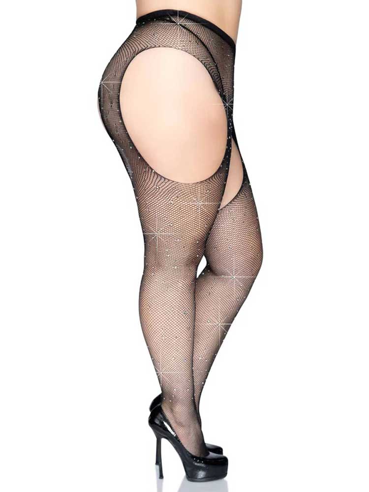 Casey Rhinestone Fishnet Suspender Pantyhose - Queen - Black Leg Avenue