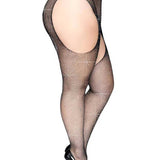 Casey Rhinestone Fishnet Suspender Pantyhose - Queen - Black Leg Avenue