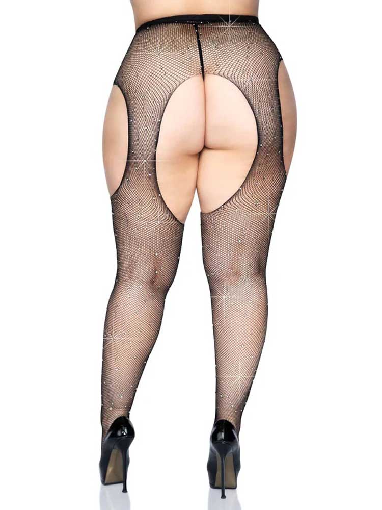 Casey Rhinestone Fishnet Suspender Pantyhose - Queen - Black Leg Avenue