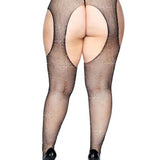 Casey Rhinestone Fishnet Suspender Pantyhose - Queen - Black Leg Avenue