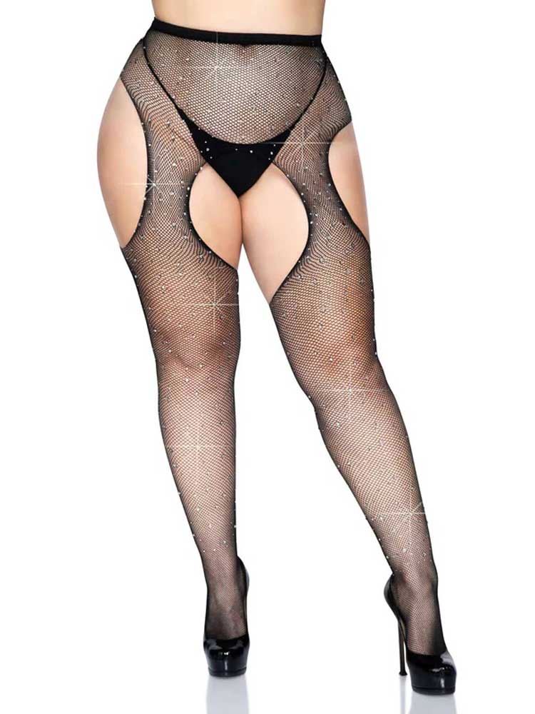 Casey Rhinestone Fishnet Suspender Pantyhose - Queen - Black Leg Avenue