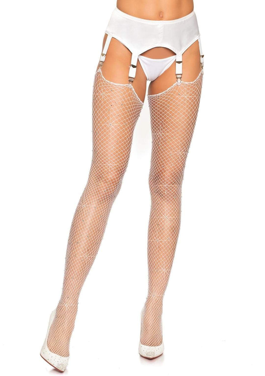 Rhinestone Fishnet Stockings - One Size - White Leg Avenue