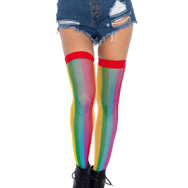 Rainbow Fishnet Thigh Highs - One Size - Multicolor Leg Avenue