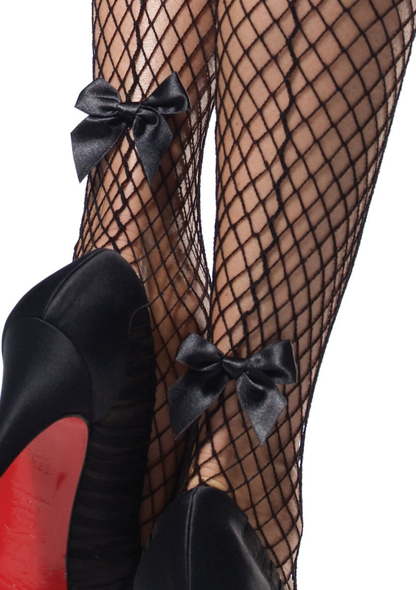 Stay Up Industrial Net Backseam Thigh Highs With Lace Top and Satin Bow Accent - One Size - Black Leg Avenue