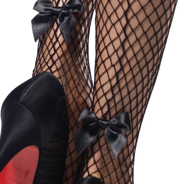 Stay Up Industrial Net Backseam Thigh Highs With Lace Top and Satin Bow Accent - One Size - Black Leg Avenue